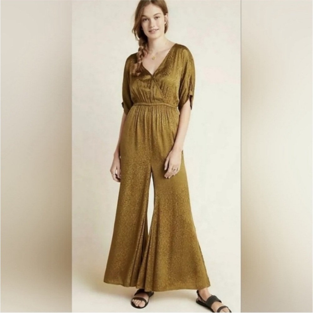 NWT Anthropologie Maeve Gold Olive Jumpsuit Small Flare Bellbottoms Retro